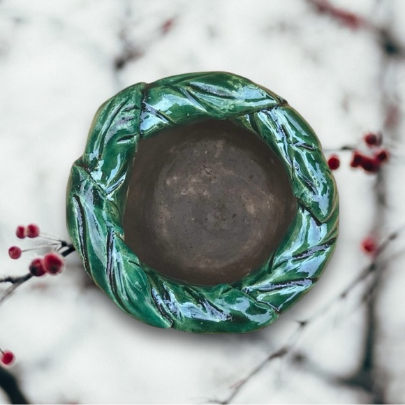 Raku Pottery Tea-light Holder or Salt Cellar in Gray with Green Leaves - Picture 3 of 5